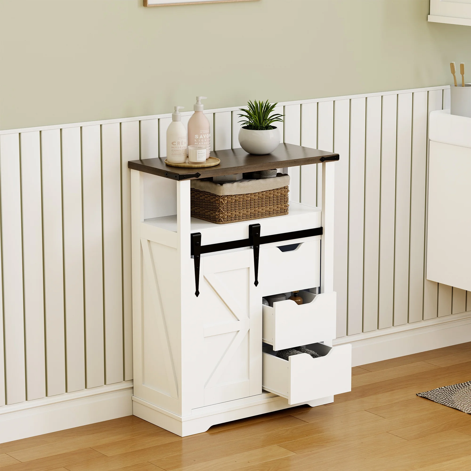 Tropow Bathroom Floor Cabinet, Farmhouse Storage Cabinet with Sliding Barn Door & Storage Drawers, Small Storage Cabinet for Bathroom, Kitchen, Living Room, Rustic Oak with Antique White