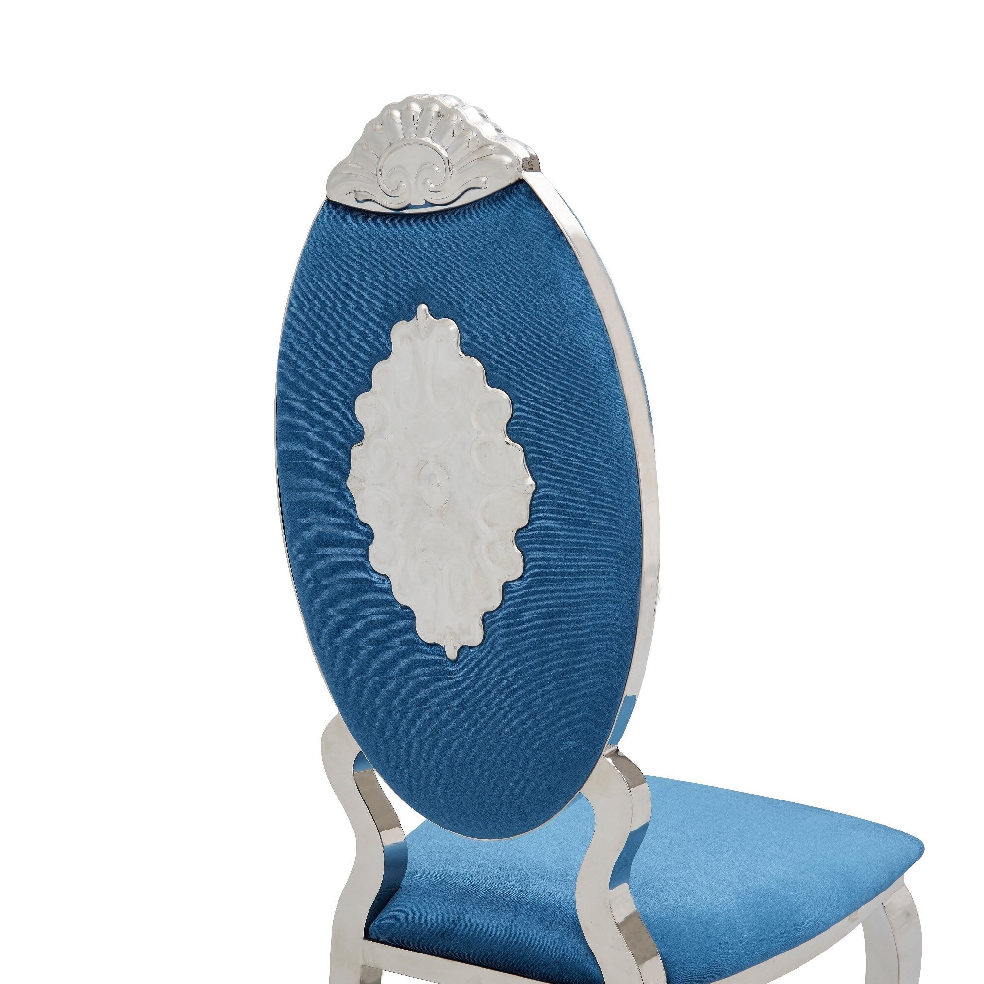 47 Inch Metal Dining Chair with Velvet Seat and Medallion Carving, Blue