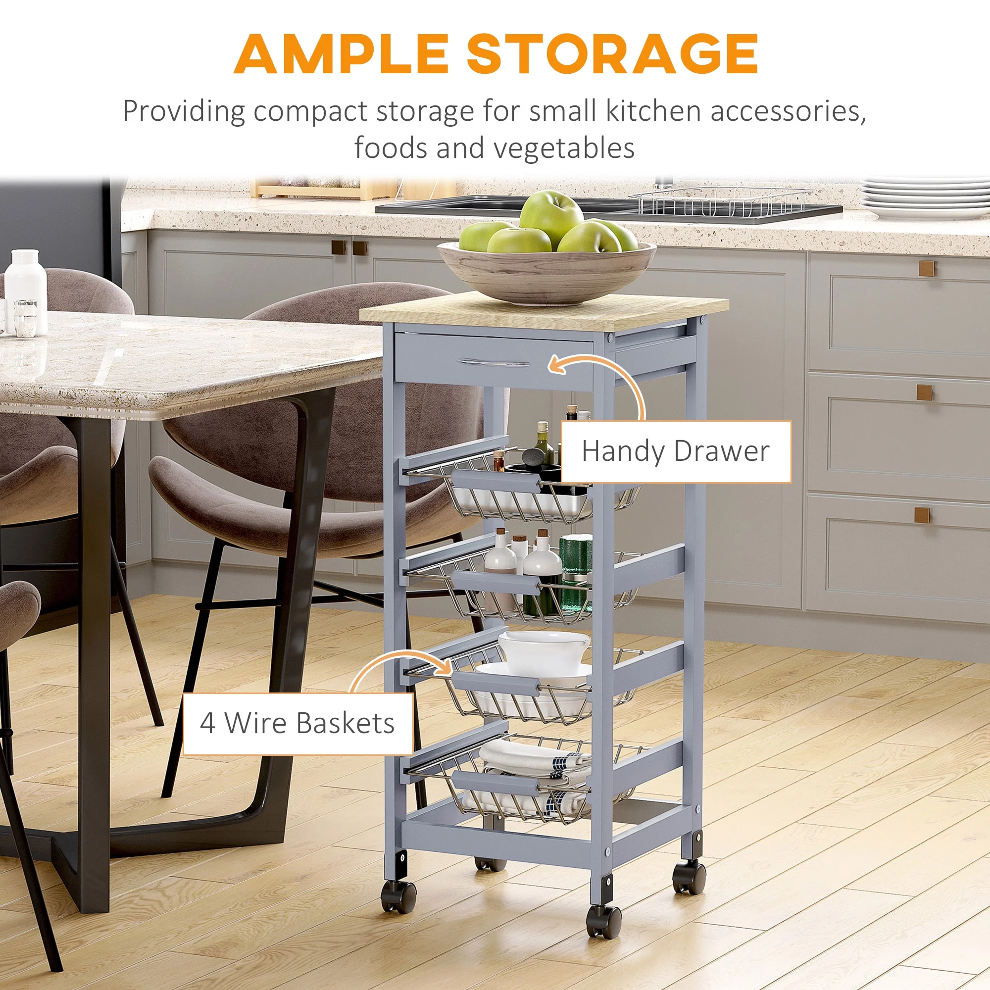 HOMCOM Compact Kitchen Cart, Rolling Kitchen Island with Storage, Solid Wood Frame Utility Cart with 4 Wire Fruit Baskets and Drawer, Gray