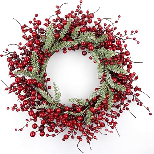 20 Inches White Christmas Wreath Farmhouse Christmas Wreaths for Front Door Rustic Winter Wreath with White Berry Fir Pine Needle for Doors Window Indoors Porches Outside