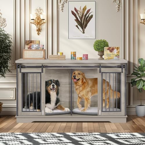 2-in-1 Double Dog Crate Furniture with Divider 60.6 Inch Grey Sturdy Dog Kennel TV Stand with 2 Sliding Doors and Thick Iron Door Frame for 2 Dogs