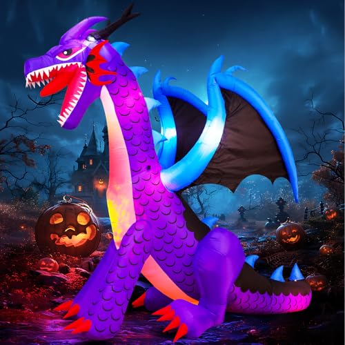 8FT Halloween Inflatables Dragon Decorations with Built-in LED Lights, Blow Up Yard Decor for Halloween Outdoor Lawn Garden Holiday Party