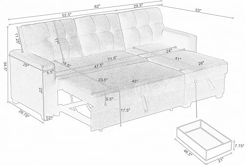 L Shaped Convertible Sleeper Sectional Sofa with Storage Chaise and Pull-Out Bed, Linen Upholstered Reversible Corner Couch w/Detachable Backrest for Living Room, Apartment, 3 Seater Home Furniture