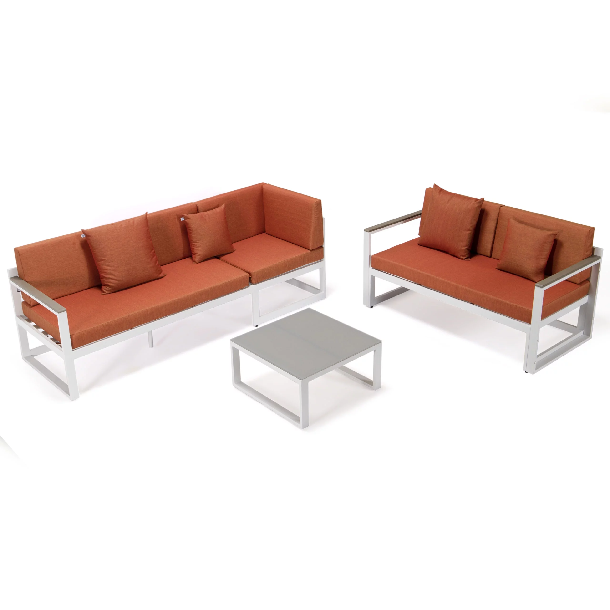 LeisureMod Chelsea White Sectional With Adjustable Headrest & Coffee Table With Cushions