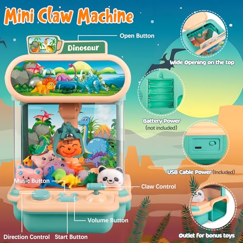 Claw Machine for Kids,Mini Dinosaur Vending Machines Candy Grabber Prize Dispenser Pink Toys for Boy Girl,Electronic Arcade Game with 10 Mini Plush Toys and 12 Dinosaur Toys for Easter Birthday Gifts
