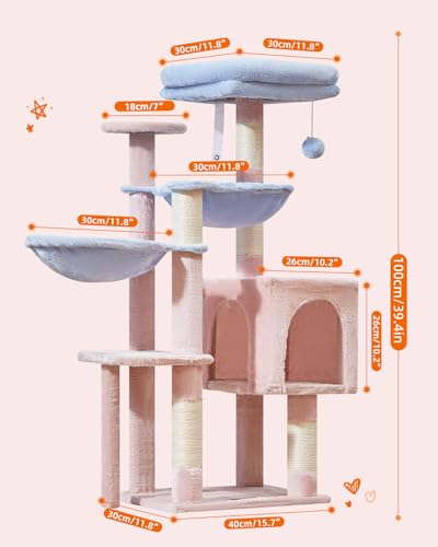 Taoqimiao Cat Tree, 39.4-Inch Cat Tower for Kittens, Cat Tree Tower with 5 Scratching Posts, Plush Cat Condo with Plush Perch, 2 Hammock, Pompoms, Smoky Gray MS019G