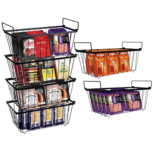 Freezer Organizer Bins, 6 Pack Deep Freezer Organizer Bins for 7 Cu.Ft Freezer Sort Frozen Meats, Chest Freezer Storage Bins with Handles Get Food Easily, Freezer Baskets for Chest Freezer Black