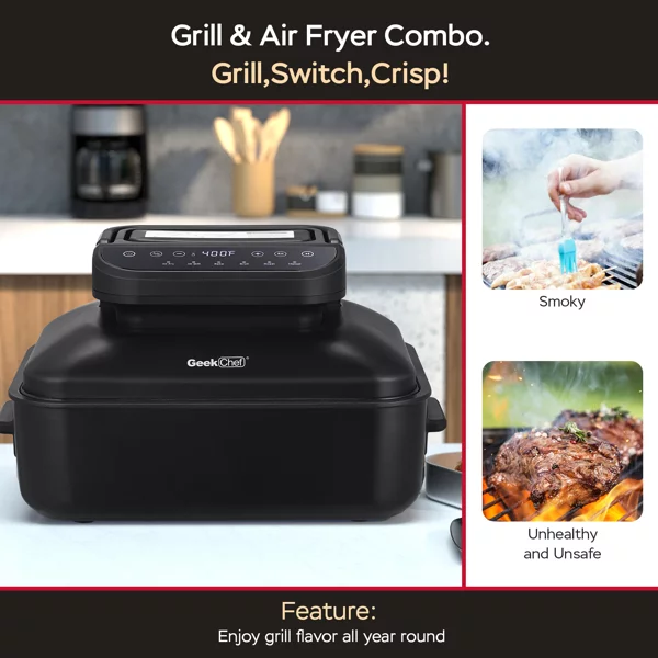 7-in-1 Indoor Grill with Air Fry, Roast and Bake, Portable 2 in 1 Indoor Tabletop Grill & Griddle, Electrin Indoor Grill with Non-Stick Plate, Air Fryer Basket