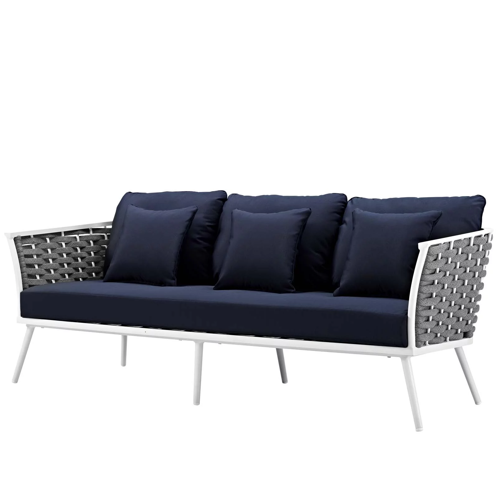 Contemporary Modern Urban Designer Outdoor Patio Balcony Garden Furniture Lounge Sofa, Fabric Aluminum, Navy Blue White