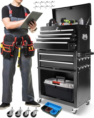 Heavy-Duty 7-Drawer Rolling Tool Chest with Wheels, Steel Tool Storage Cabinet with Lock & Liner for Workshop for Workshop/Garage - Includes 7 Organizer Boxes, Black