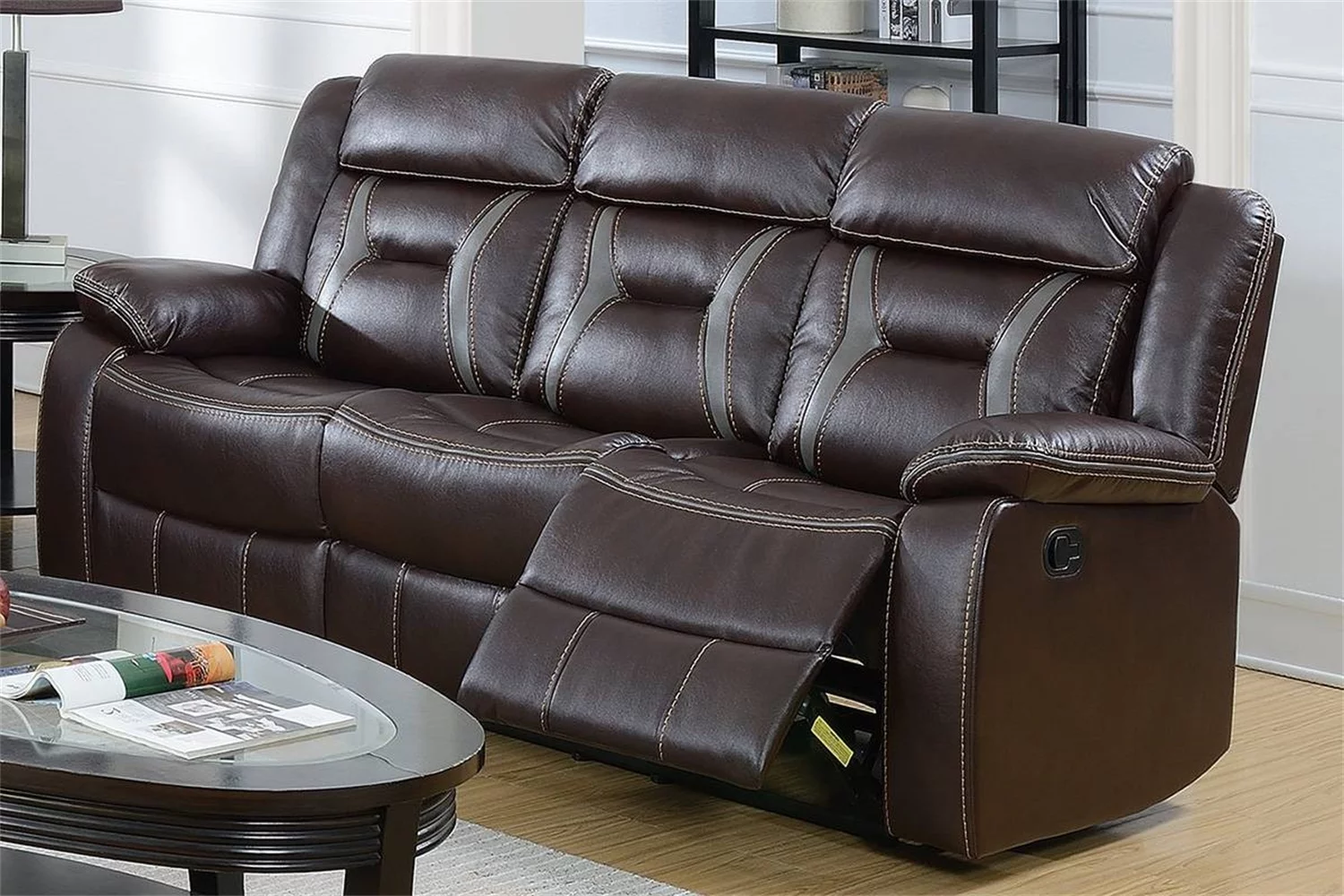 Poundex Furniture Gel Leatherette Sofa Recliner in Dark Brown