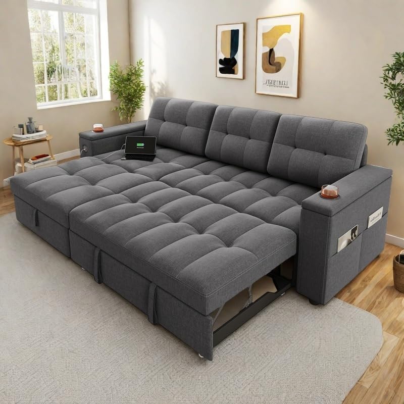 YITAHOME Sectional Sofa L-Shaped Sofa Bed w/Chaise & USB, Reversible Couch Sleeper w/Pull Out Bed & Storage Space, 4-seat Pull Out Couch for Living Room Dark Gray