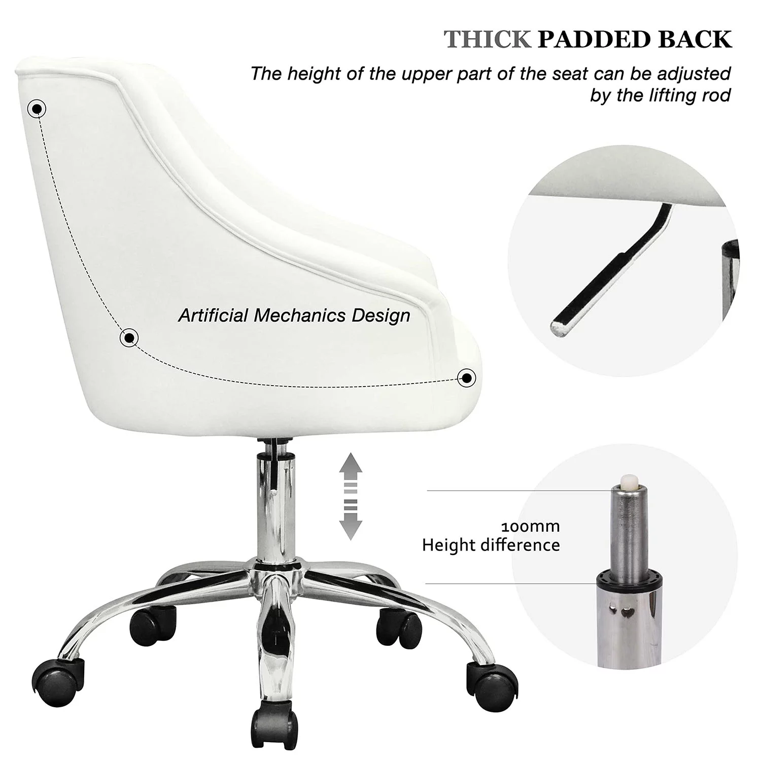 MOJAY Modern Velvet Office Chair with Swivel Function and Adjustable Height, White