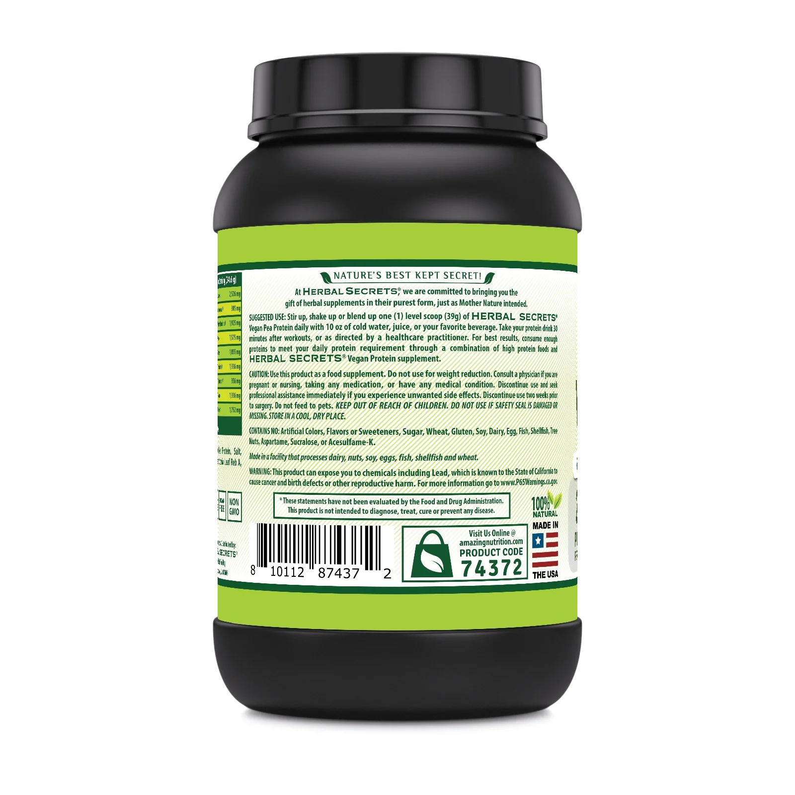 Herbal Secrets Vegan Protein (Pea Protein) Powder 2 Lbs | Vanilla Flavor | 28 Gram Protein per Serving | 23 Servings | Vegan | Made in USA