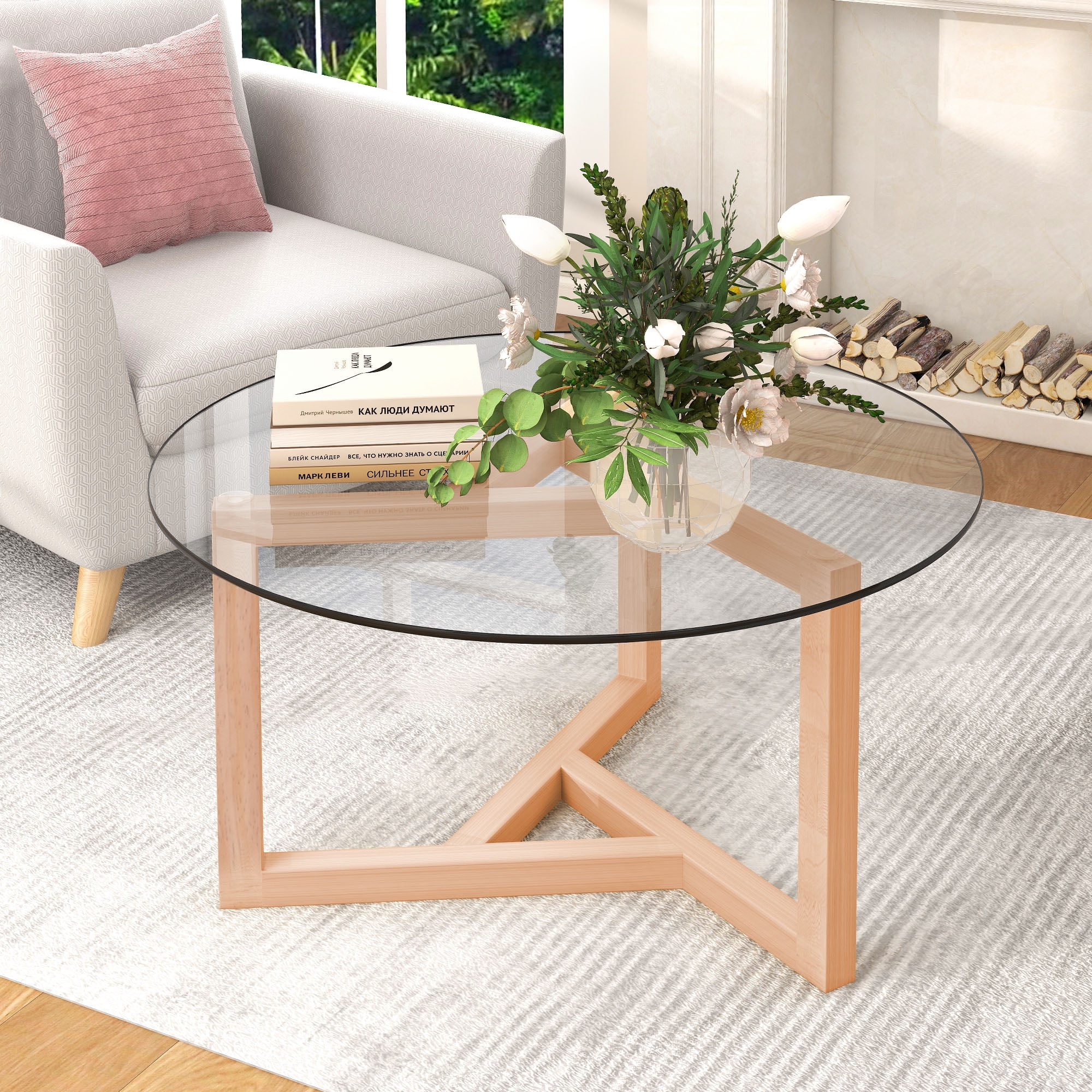 ON-TREND Round Glass Coffee Table Modern Cocktail Table Easy Assembly with Tempered Glass Top & Sturdy Wood Base, Natural (OLD SKU: WF190112AAL)