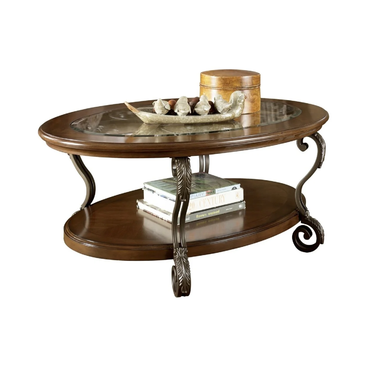 Wooden Oval Cocktail Table with Glass Top and Open Bottom Shelf Brown- Saltoro Sherpi