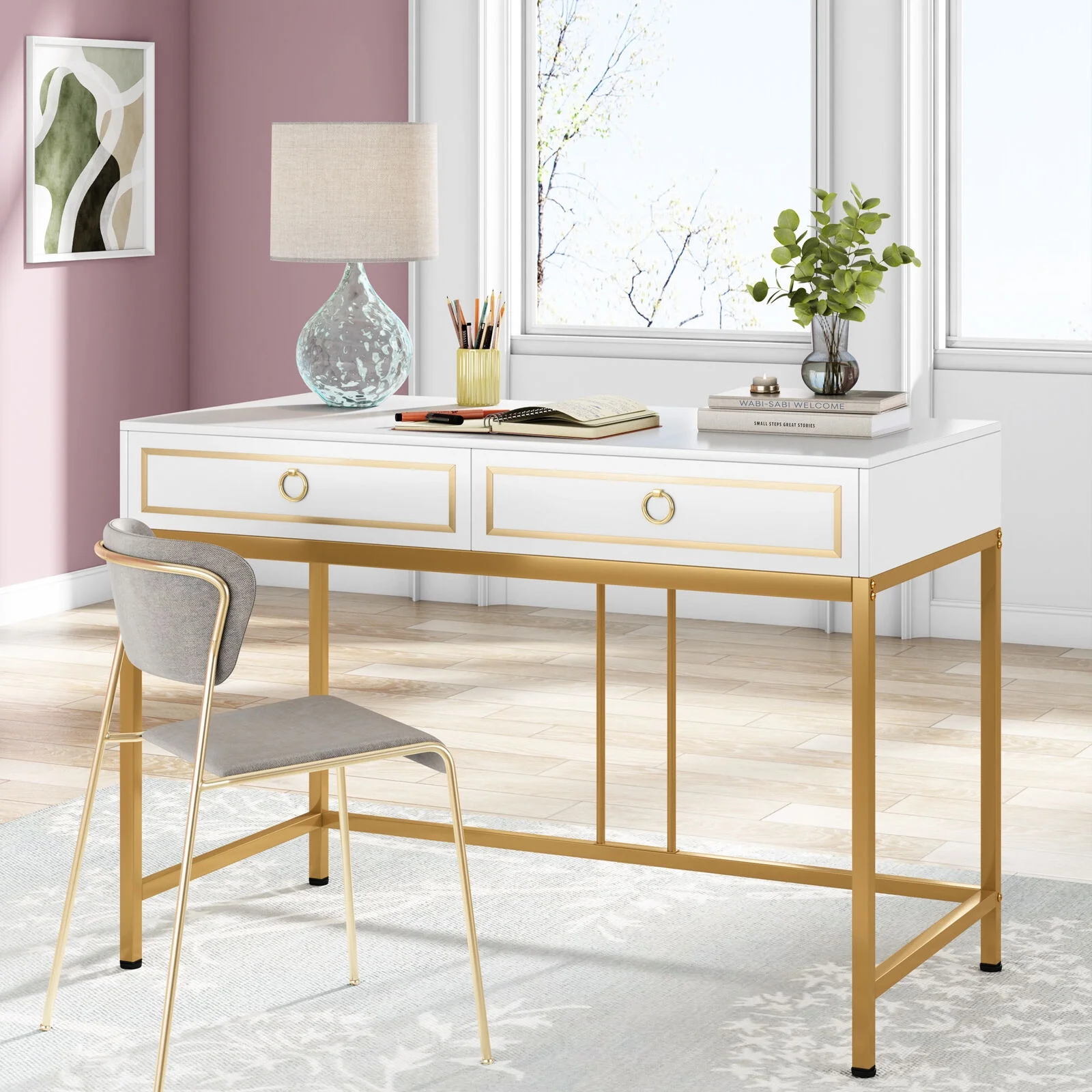 Tribesigns Computer Desk with 2 Drawers, 43” Modern Writing Study Desk Vanity Console Table for Home Office, White and Gold