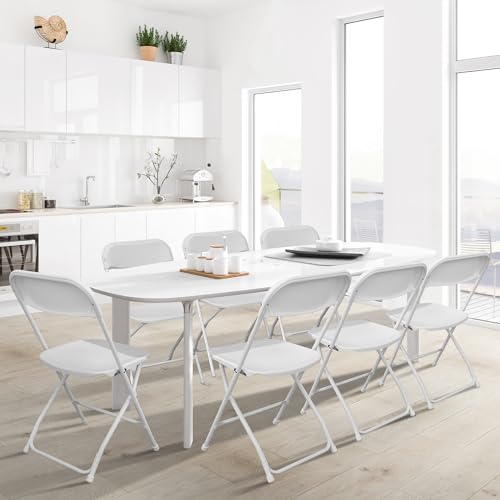 8-Pack Folding Chairs, Portable Plastic Chair for Parties and Weddings, Stackable Commercial Event Seats with Steel Frame 550lb (White, Set of 8)