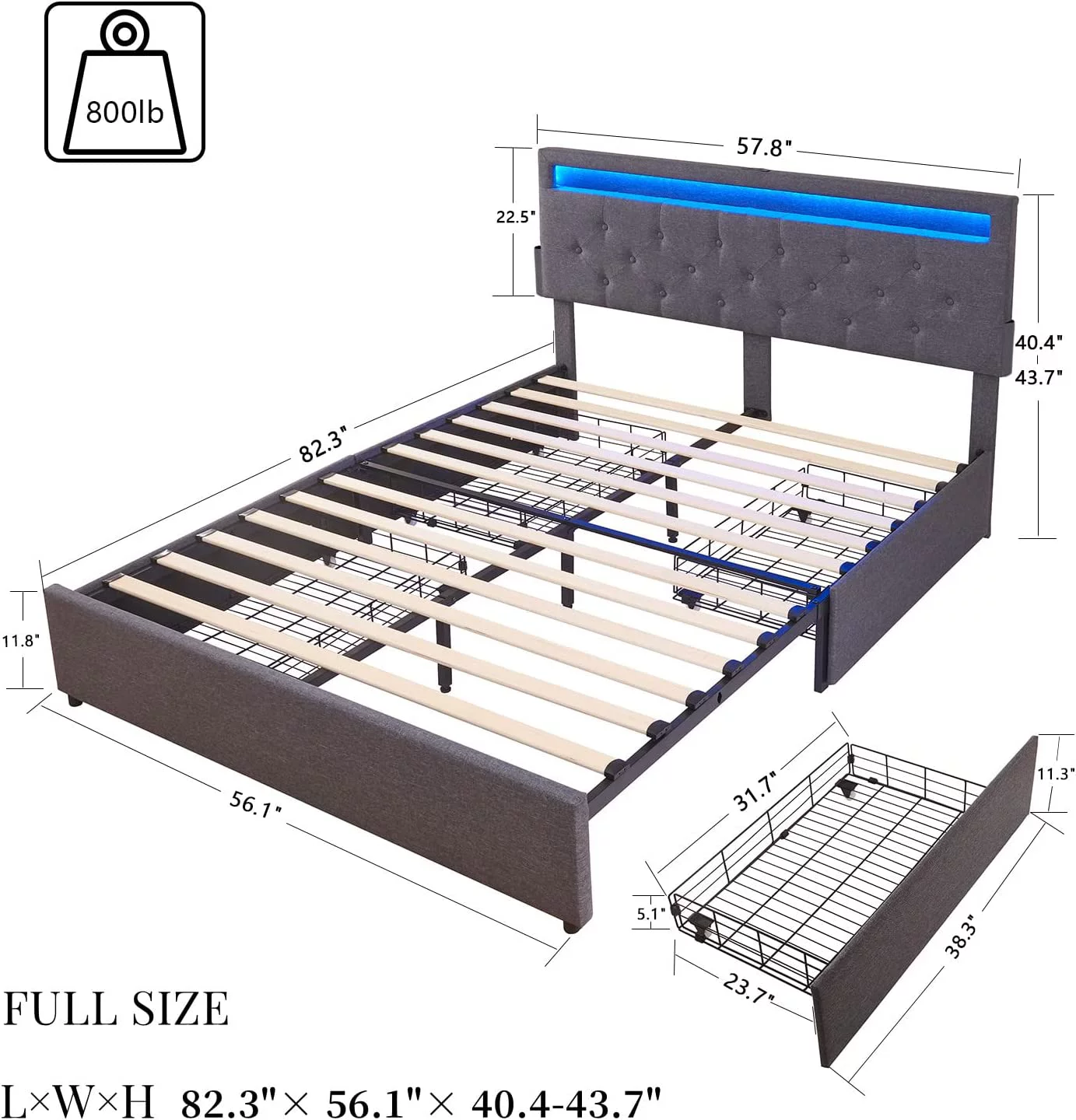 Alohappy Full Size Bed Frame with 4 Drawers, LED Bed Frame with 2 USB Ports and Adjustable Upholstered Headboard, Mattress Foundation with Wooden Slats Support, No Box Spring Needed, Dark Grey