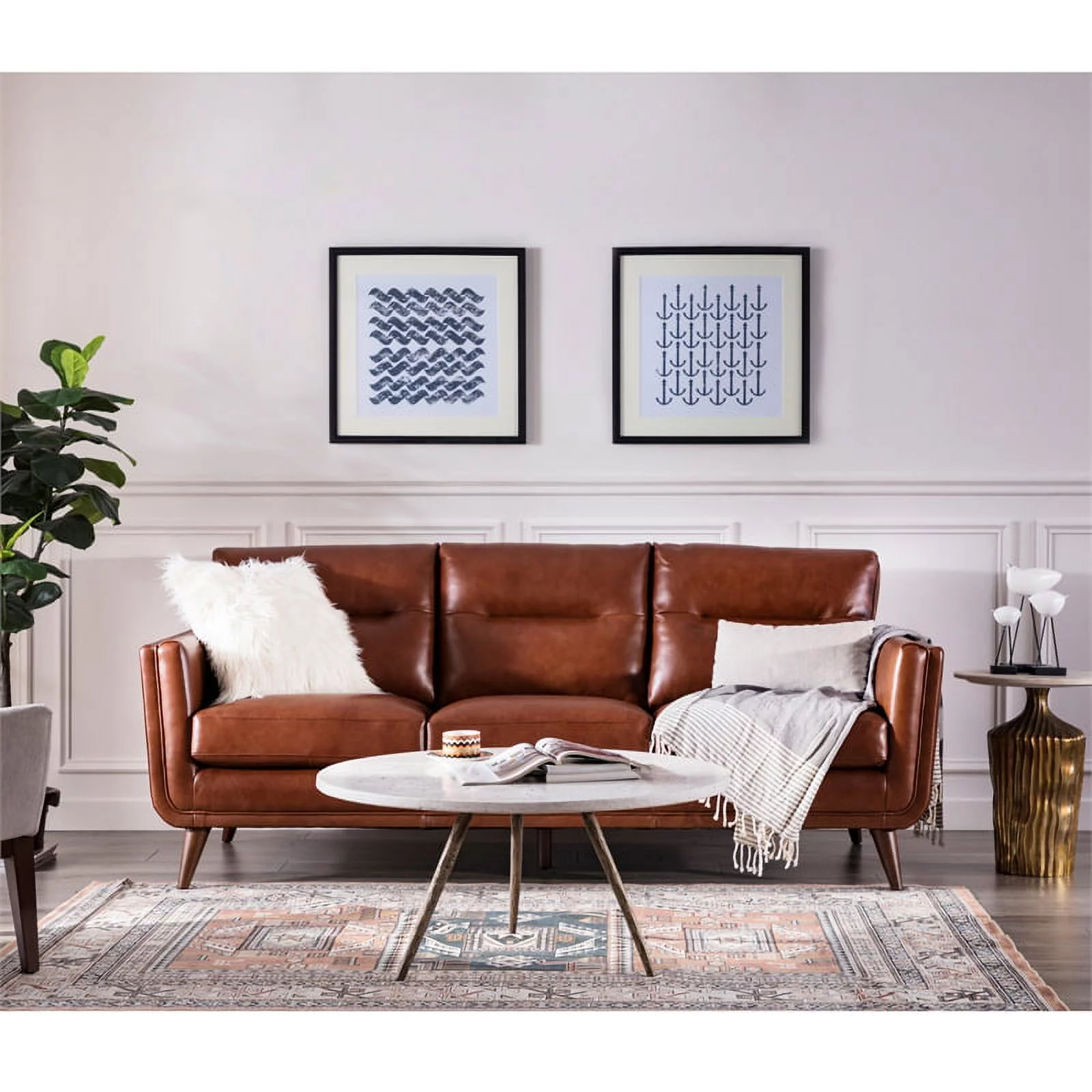 Bowery Hill Mid-Century Leather Sofa in Cobblestone Brown