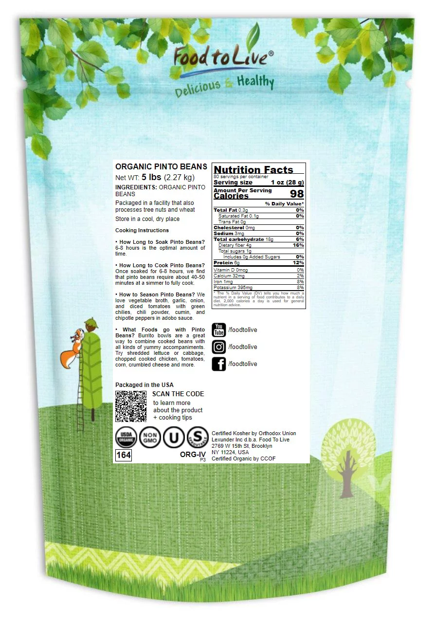 Organic Pinto Beans, 5 Pounds — Non-GMO, Sproutable, Kosher, Raw, Vegan — by Food to Live