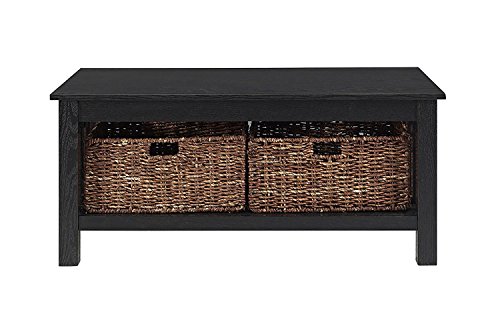 Walker Edison Coastal Black Living Room Coffee Table with Lower Shelf and Faux Rattan Wicker Baskets, 40 Inch
