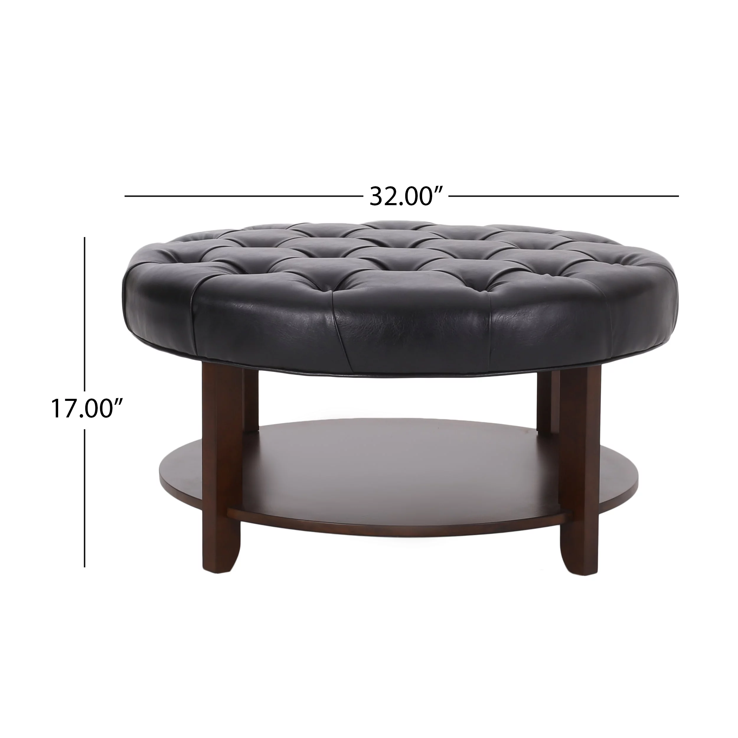 Noble House Aldrich Faux Leather and Wood Tufted Round Ottoman with Open Shelf, Midnight Black and Espresso