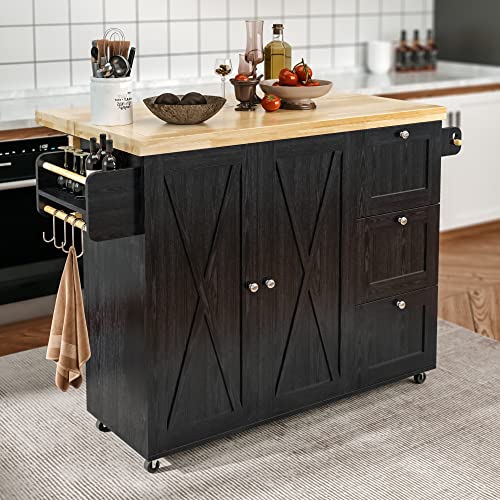 IRONCK Rolling Kitchen Island Cart with Drop-Leaf Countertop, Barn 3Drawers, Barn Door Style Cabine,Thicker Rubberwood Top, Spice Rack, on Wheels, for Kitchen and Dining Room, Black