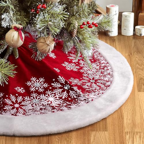 GMOEGEFT Christmas Tree Skirt 48 Inches Red Velvet with Snowflakes Xmas Decorations Holiday Decor
