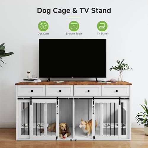 Real Relax Large Dog Crate Furniture for 2 Dogs, 71” Steel Frame with Double Doors, Wooden Dog Cage with 4 Bowls, Sliding Door Double Kennel for Medium Small Dogs, White