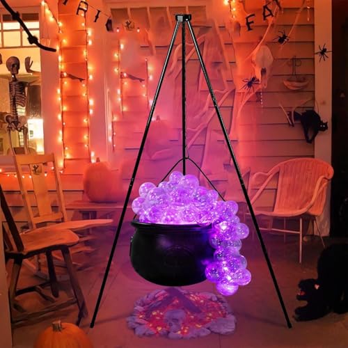 Large Witches Cauldron On Tripod with String Lights,Witches Cauldron for Yard, Halloween Witches Cauldron Decorations Outdoor, Vintage Decor Light Up Ghost Cauldrons (Purple)