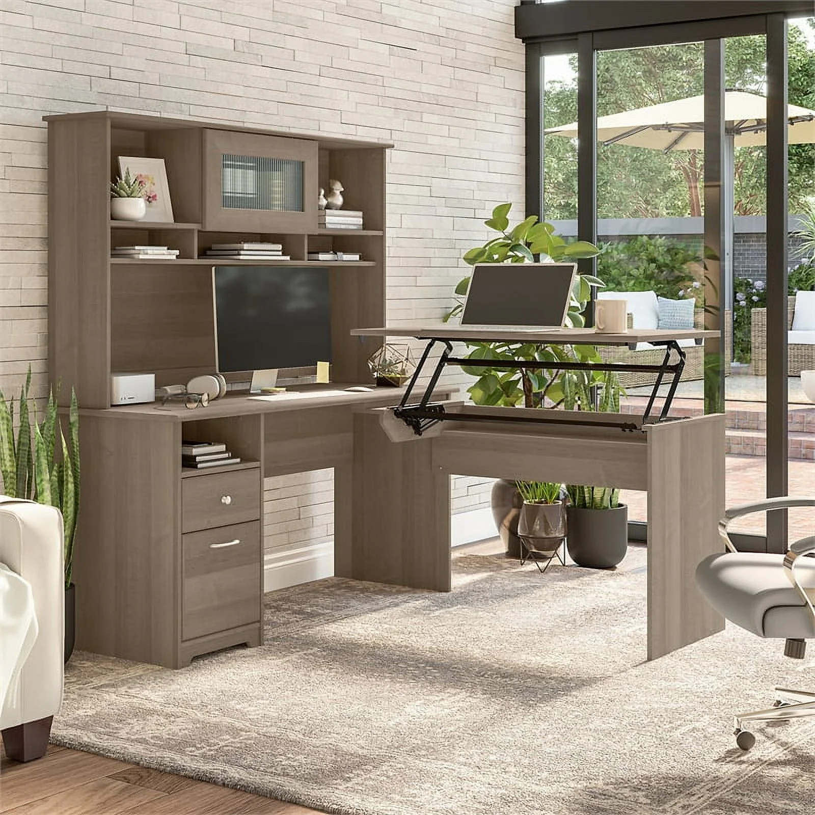 Pemberly Row 60W Sit to Stand L Desk with Hutch in Ash Gray - Engineered Wood