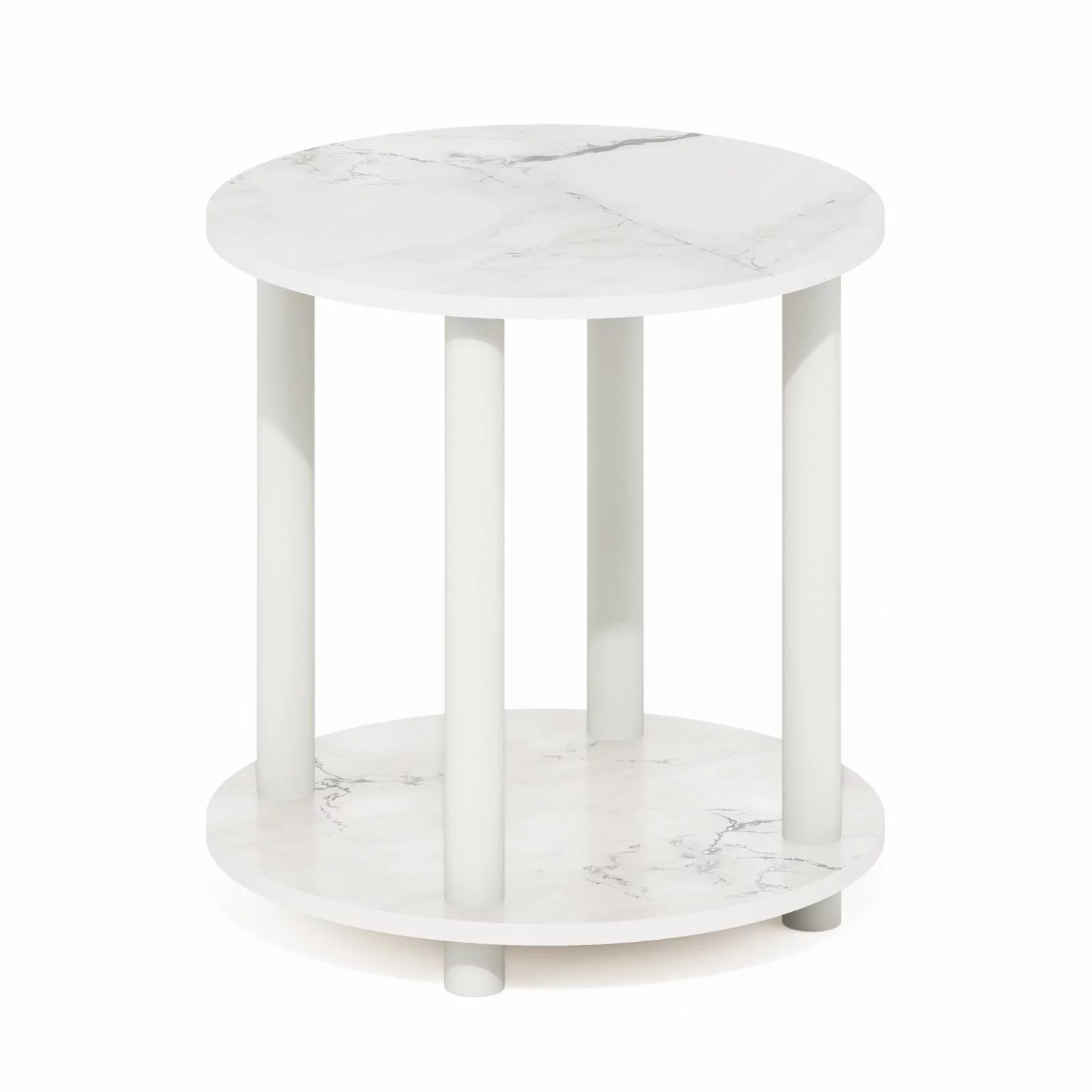 Furinno Turn-N-Tube 2-Tier Round Wooden End Table, Marble White