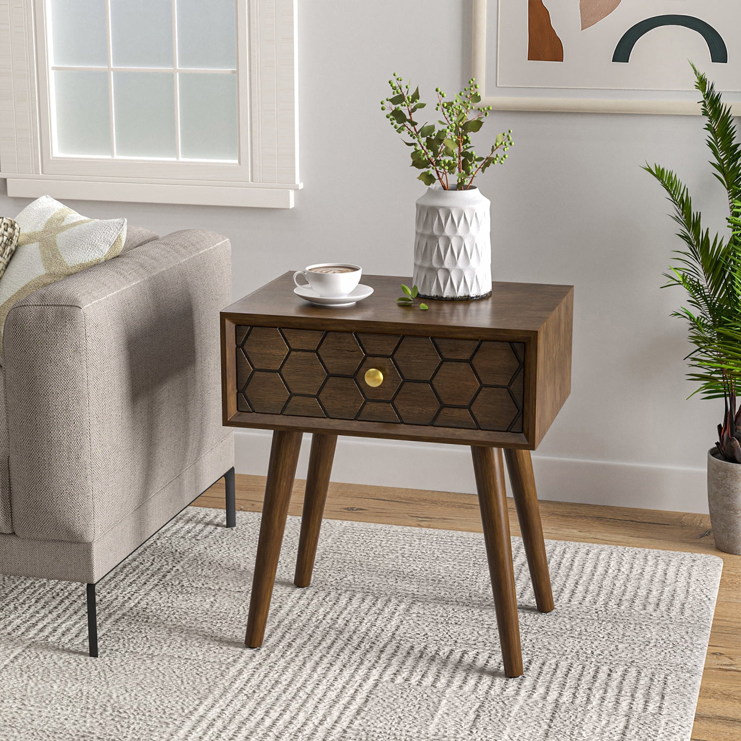 COSIEST Mid-Century Nightstand Brown Modern MDF Bedside Table Wood Accent End Table with Drawer