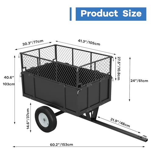 Heavy Duty 750lb ATV Dump Trailer, 17 Cu.Ft Yard Cart with Removable Sides - Compatible with Tractors, Lawn Mowers, UTV for Hauling Soil, Mulch & Debris