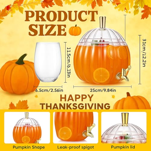1.3 Gallon Thanksgiving Pumpkin Drink Dispenser with 4 Clear Plastic Cups Pumpkin Shaped Drink Dispenser Fall Harvest Kitchen Decoration with Spigot for Halloween Autumn Party Supplies