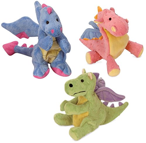 GoDog Dragons with Chew Guard Technology Plush Squeaker Dog Toys: 1-Periwinkle Multi-Color, 1-Coral Multi-Color, and 1-Lime Baby Dragon