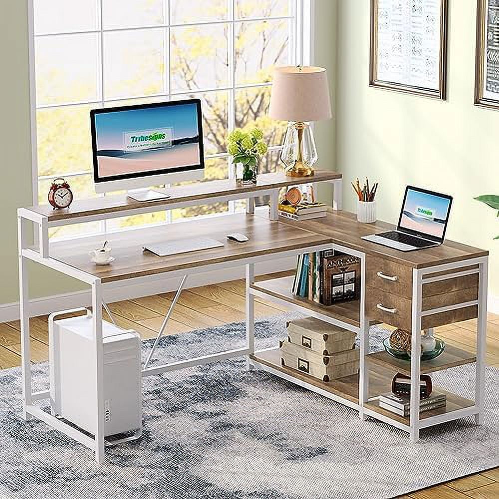 Reversible L Shaped Desk with Drawer  Industrial Corner Desk  Office Table with  Shelves and Monitor Stand  Rustic Wooden and Metal PC Desk for Small Space (Oak)