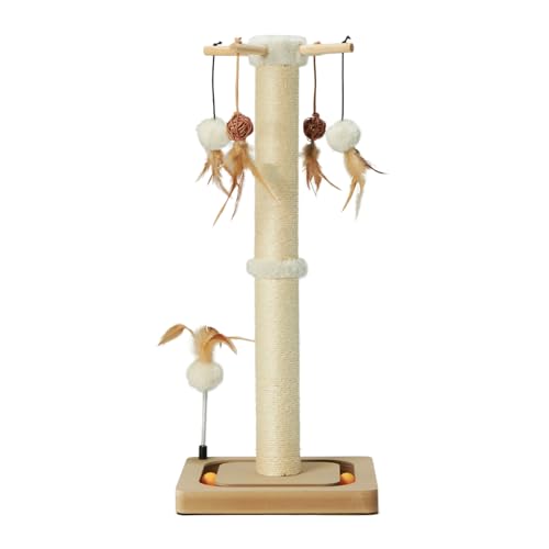 PEEKAB Cat Scratching Post Premium Sisal Scratch Posts with Tracking Interactive Toys Vertical Scratcher for Indoor Cats and Kittens- 25 inches Beige