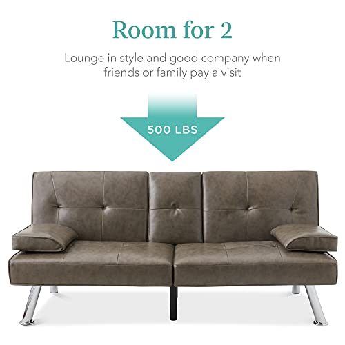 Best Choice Products Faux Leather Upholstered Modern Convertible Futon, Adjustable Folding Sofa Bed, Guest Bed w/Removable Armrests - Blue