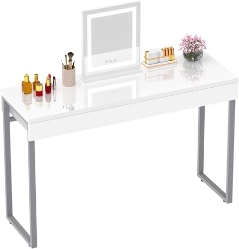 GreenForest Vanity Desk with 2 Drawers,Glossy Desktop White Desk for Bedroom,Makeup Table with Storage Space,Small Desk for Home Office,(39 inch No Mirror)