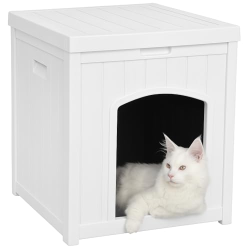 Outdoor Cat House for Winter Waterproof, Outside Multiple Feral Kitty Cat Houses, Outdoor Cat Litter Box Enclosure Weatherproof, Small Medium Dogs House, Durable Resin Plastic, White