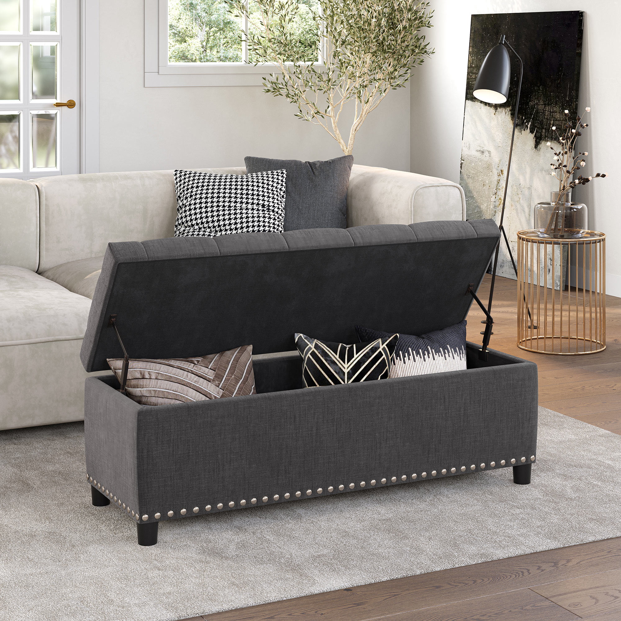 BELLEZE Button-Tufted Storage Ottoman Bench - Brentwood (Dark Gray)