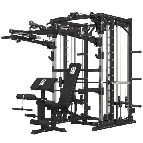 Commercial Smith Machine with Smith Bar, 4000LBS Power Cage Squat Rack with Lever Arm, Leg Press, LAT Pull Down System, Multi-Function Linear Bearing Cable Crossover Machine for Home Gym