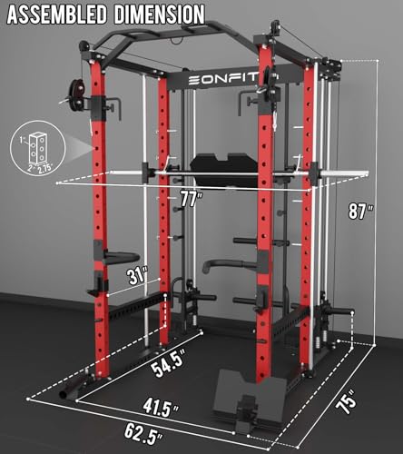 Eonfit E5 Smith Machine with Vertical Leg Press, Power Cage Squat Rack with LAT-Pull Down Cable Crossover Rotating Arms System Home Gym Equipment All in One (E5 RED)