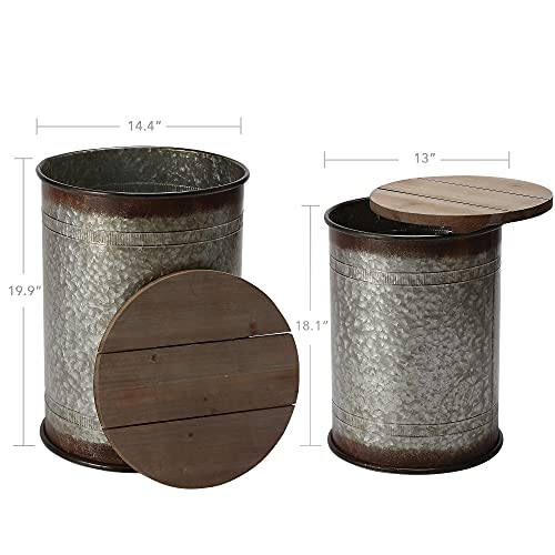 RUSTOWN Farmhouse Accent Side Table, Rustic Storage Ottoman Seat Stool, Galvanized Antique Metal End Table Box Bin with Round Wood Lid, Coffee or Cocktail Table, Nesting Pieces Two (Galvanized)
