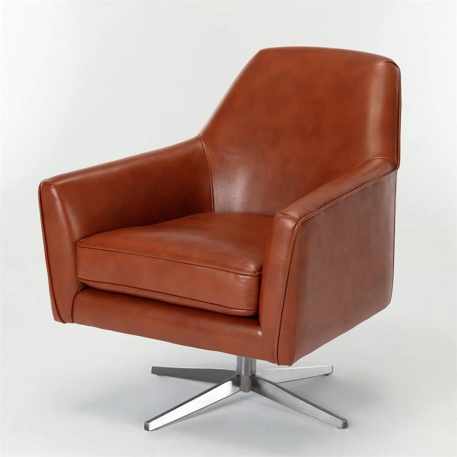 Bowery Hill Mid-Century Faux Leather Swivel Armchair in Caramel Brown