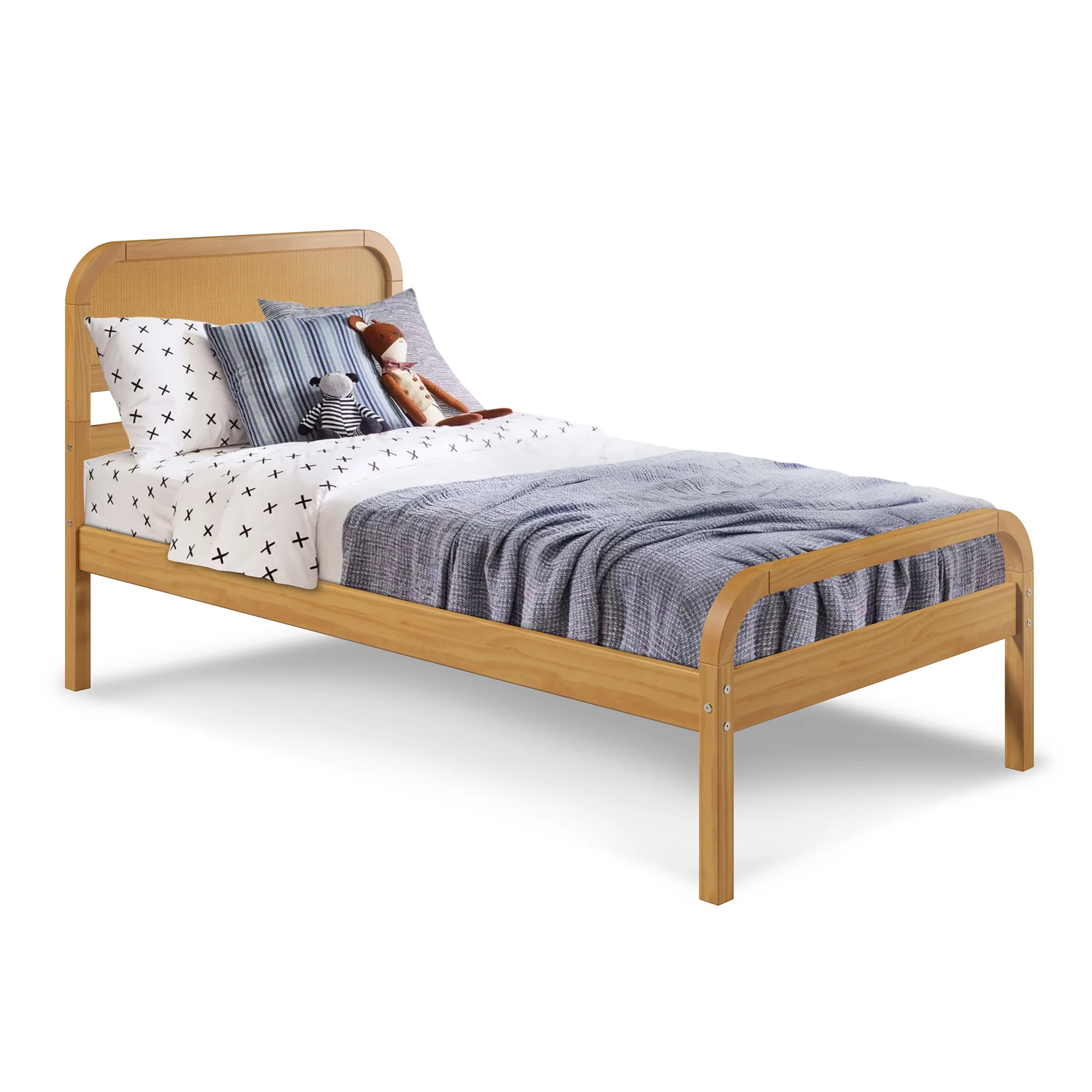 P’kolino Curva Rattan Kids Twin Bed Frame with Headboard- FSC Certified Solid Pine Wood- Natural