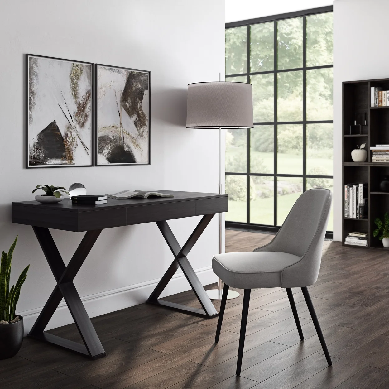 Walter Modern Dark Brown Engineered Wood Farmhouse X-Frame Desk