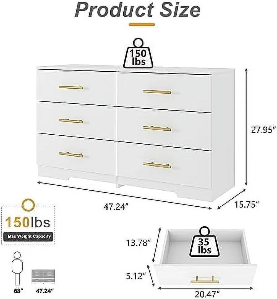 HOOMHIBIU 6 Drawer Dresser for Bedroom Sideboard  Cabinet with LED Light &1 Door &1  Modern Wood  Chest of Drawers for Living Room Bedroom  Entryway (White#2)